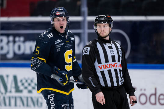 Södertäljes Jonas Ahnelöv reagerar på ett domslut