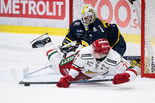 Moras Travis Treloar och Södertäljes målvakt Love