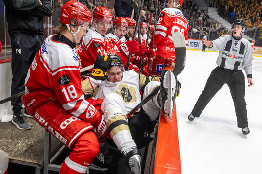 Skellefteås Pontus Johansson tacklas in i Timråbåset