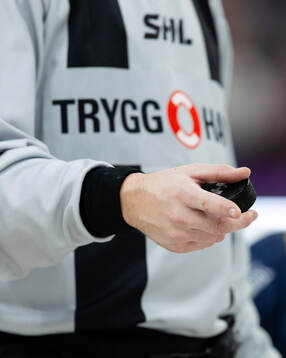 En linjedomare med pucken i handen