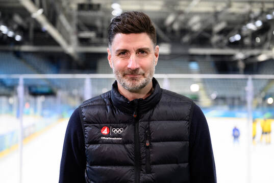 Björn Oldeen of Swedish broadcaster TV4 at a ice hockey