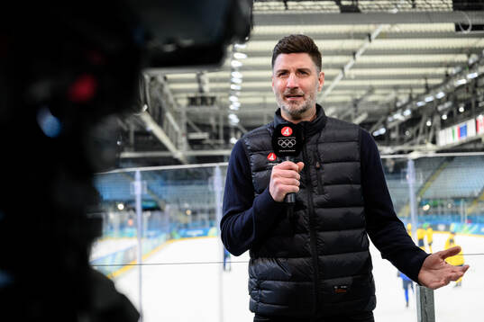 Björn Oldeen of Swedish broadcaster TV4 at a ice hockey