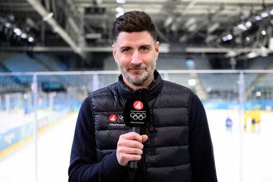 Björn Oldeen of Swedish broadcaster TV4 at a ice hockey