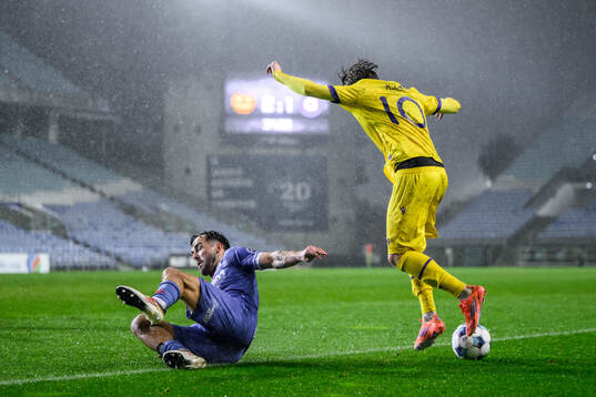 Martin Pospisil of Artis Brno and Jeppe Kjaer of Mjällby