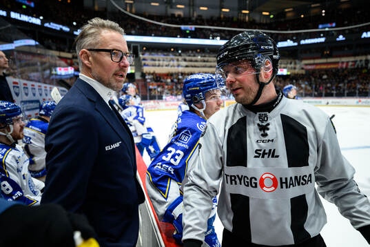 Leksands tränare Johan Hedberg i samtal med domaren