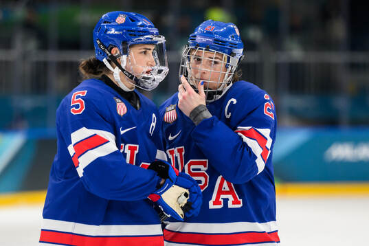 Megan Keller and Hilary Knight of USA in the women's ice