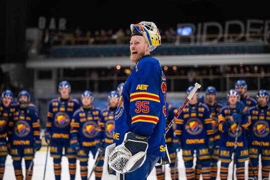 Djurgårdens målvakt Magnus Hellberg jublar med publiken
