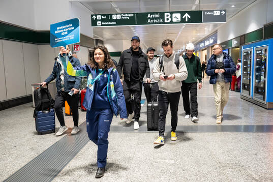 Victor Hedman and Erik Karlsson of Sweden arrive