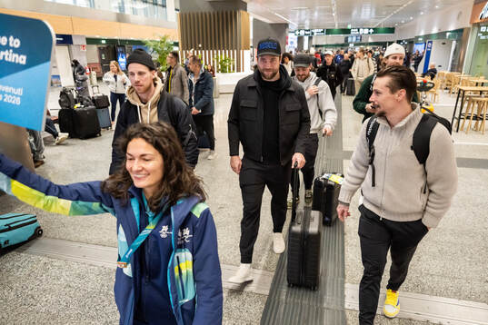 Victor Hedman and Erik Karlsson of Sweden arrive