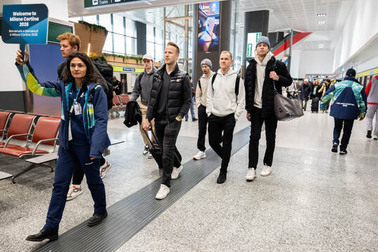 Oscar Fisker Mølgaard of Denmark with teammates arrives
