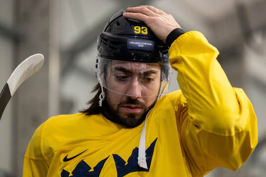 Mika Zibanejad of Sweden at an ice hockey practice session