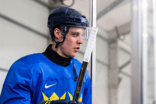 Joel Eriksson Ek of Sweden at an ice hockey practice session