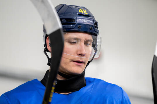 Gustav Forsling of Sweden at an ice hockey practice session