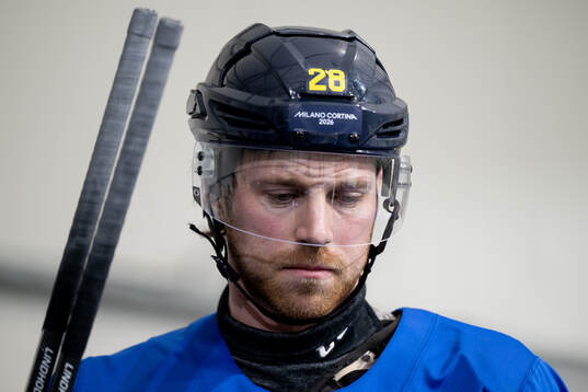 Elias Lindholm of Sweden at an ice hockey practice session