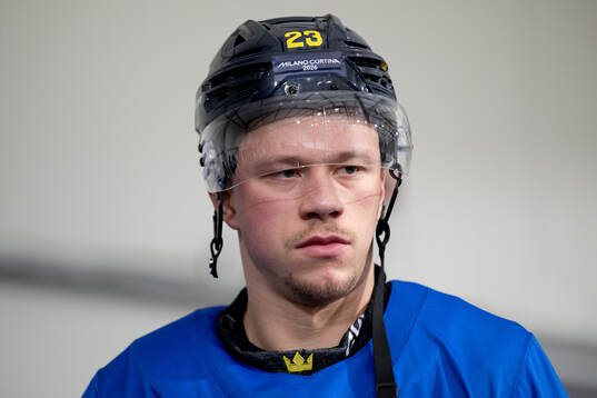 Lucas Raymond of Sweden at an ice hockey practice session