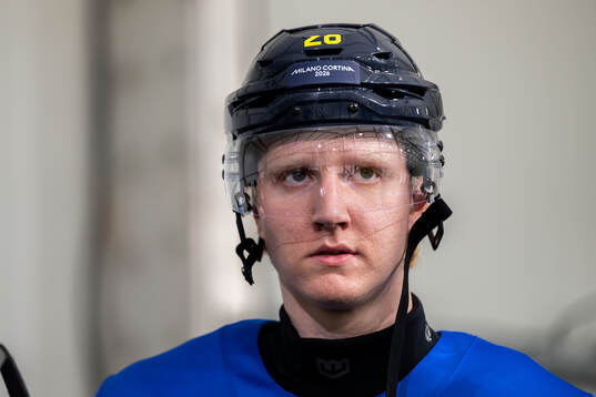 Rasmus Dahlin of Sweden at an ice hockey practice session
