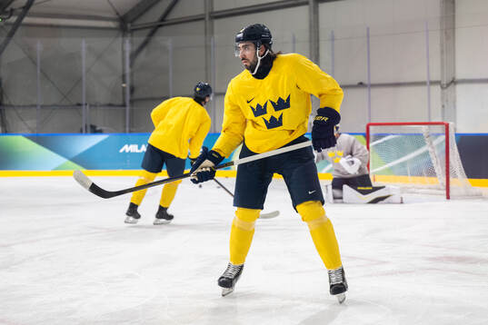 Mikael Zibanejad of Sweden at an ice hockey practice session