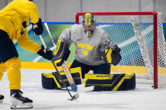 Goalkeeper Filip Gustavsson of Sweden at an ice hockey