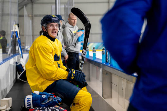 Gustav Forsling of Sweden at an ice hockey practice session