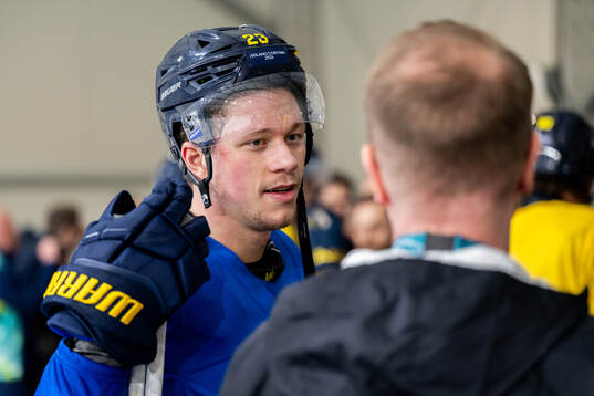Lucas Raymond of Sweden at an ice hockey practice session