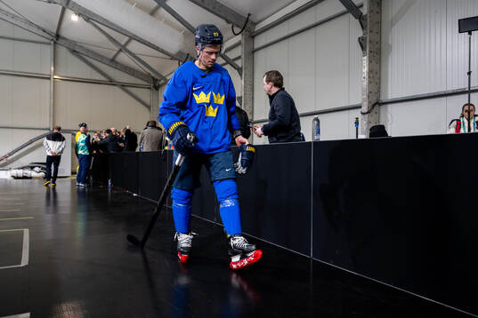 Lucas Raymond of Sweden at an ice hockey practice session