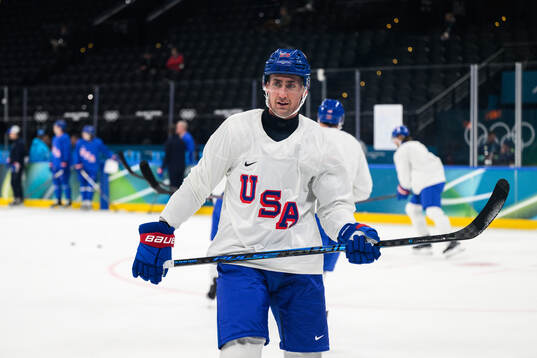 Brock Nelson of USA at an ice hockey practice session