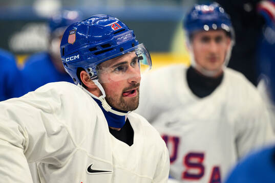 Dylan Larkin of USA at an ice hockey practice session