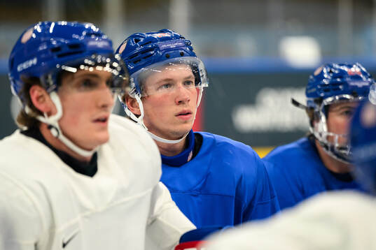 Matt Boldy of USA at an ice hockey practice session