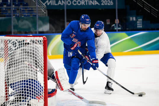 Auston Matthews and Brock Nelson of USA at an ice hockey