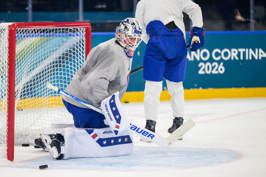 Goaltender Jake Oettinger of USA at an ice hockey practice