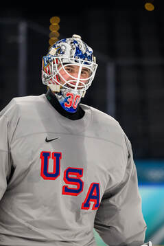 Goaltender Jake Oettinger of USA at an ice hockey practice