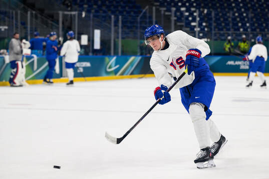 Tage Thompson of USA at an ice hockey practice session