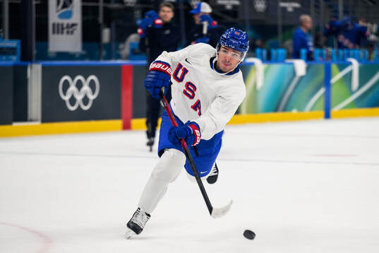 Clayton Keller of USA at an ice hockey practice session