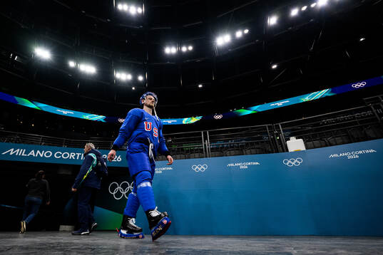 Jack Eichel of USA at an ice hockey practice session