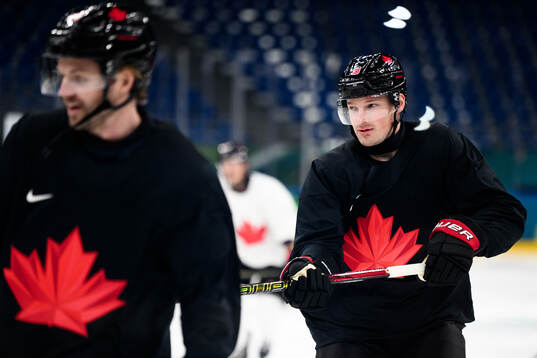 Cale Makar of Canada at an ice hockey practice session