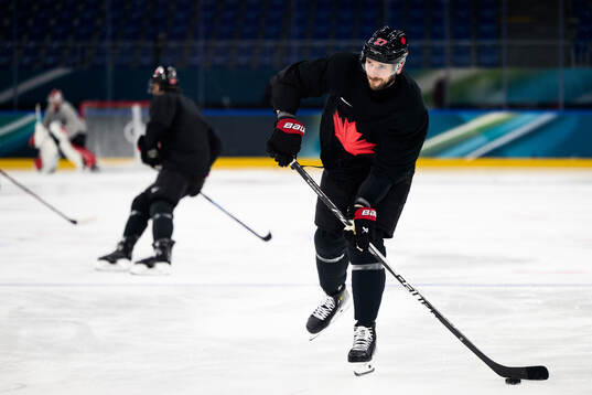 Shea Theodore of Canada at an ice hockey practice session