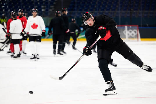 Cale Makar of Canada at an ice hockey practice session