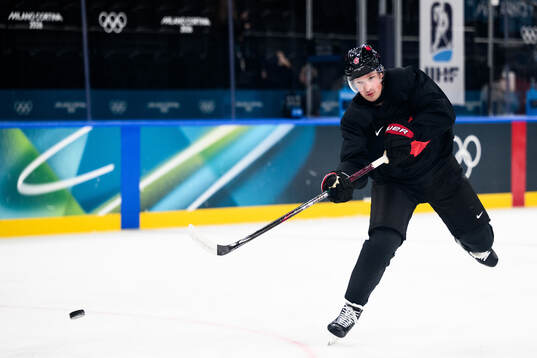 Cale Makar of Canada at an ice hockey practice session