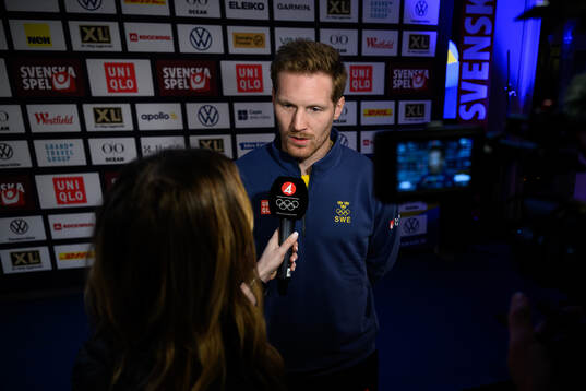 Gabriel Landeskog is interviewed at a press conference with