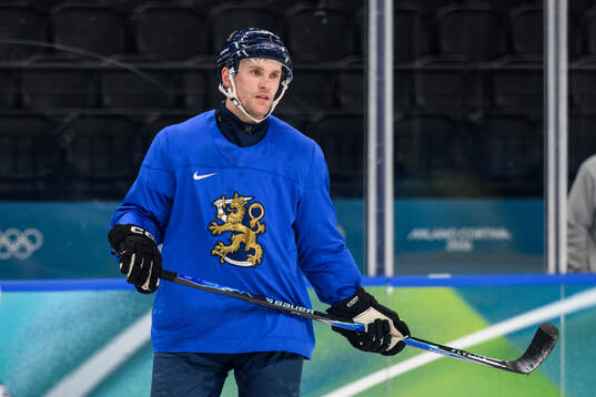 Mikko Rantanen of Finland at an ice hockey practice session