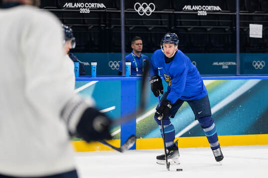 Mikko Rantanen of Finland at an ice hockey practice session