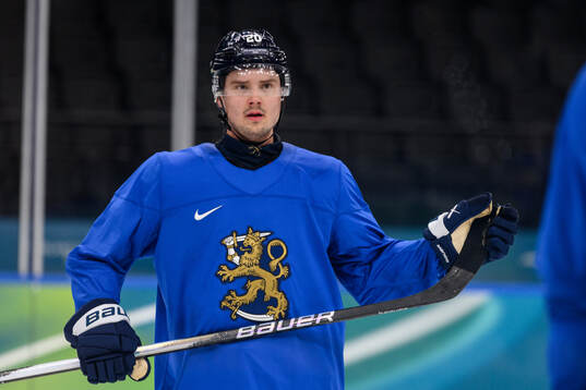 Sebastian Aho of Finland at an ice hockey practice session