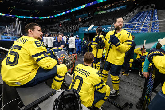 Erik Karlsson and Victor Hedman of Sweden at an ice hockey
