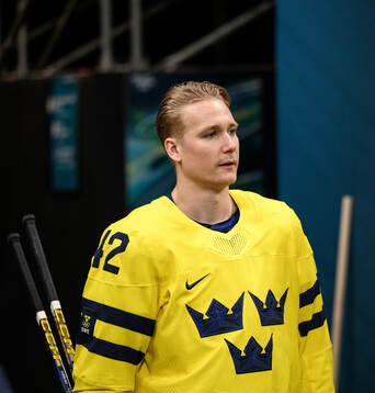 Gustav Forsling of Sweden at an ice hockey practice session