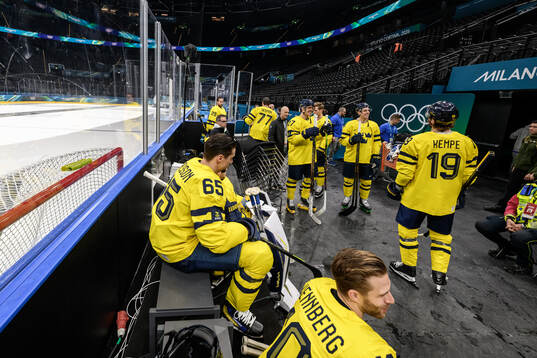 Players of Sweden in the Milano Santagiulia Ice Hockey