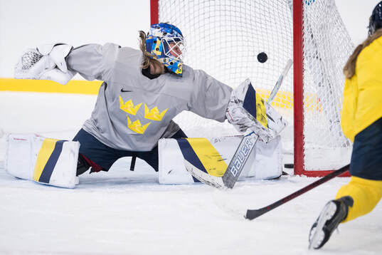 Goaltender Tindra Holm of Sweden at a ice hockey practice