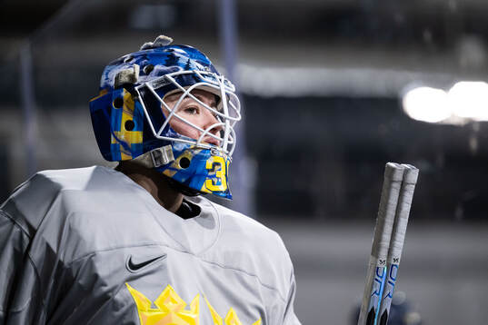 Goaltender Tindra Holm of Sweden at a ice hockey practice