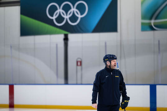 Assistant coach Stefan Ladhe of Sweden at a ice hockey