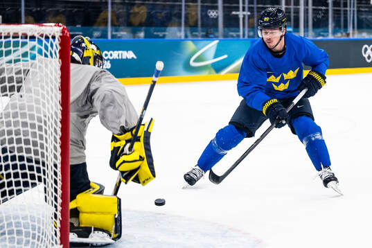 Lucas Raymond of Sweden at an ice hockey practice session