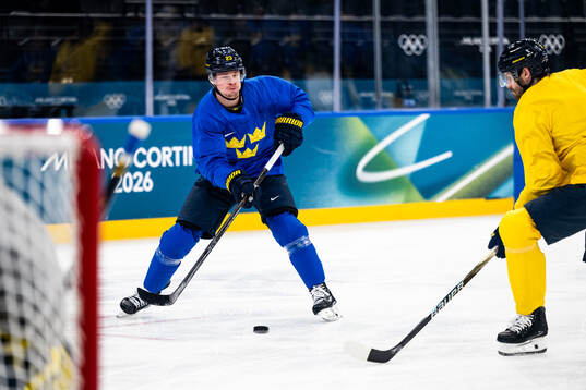 Lucas Raymond of Sweden at an ice hockey practice session